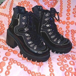 Jeffrey Campbell ‘Road Rage’Black Combat Boots Patent Vinyl Chunk Platform Lace